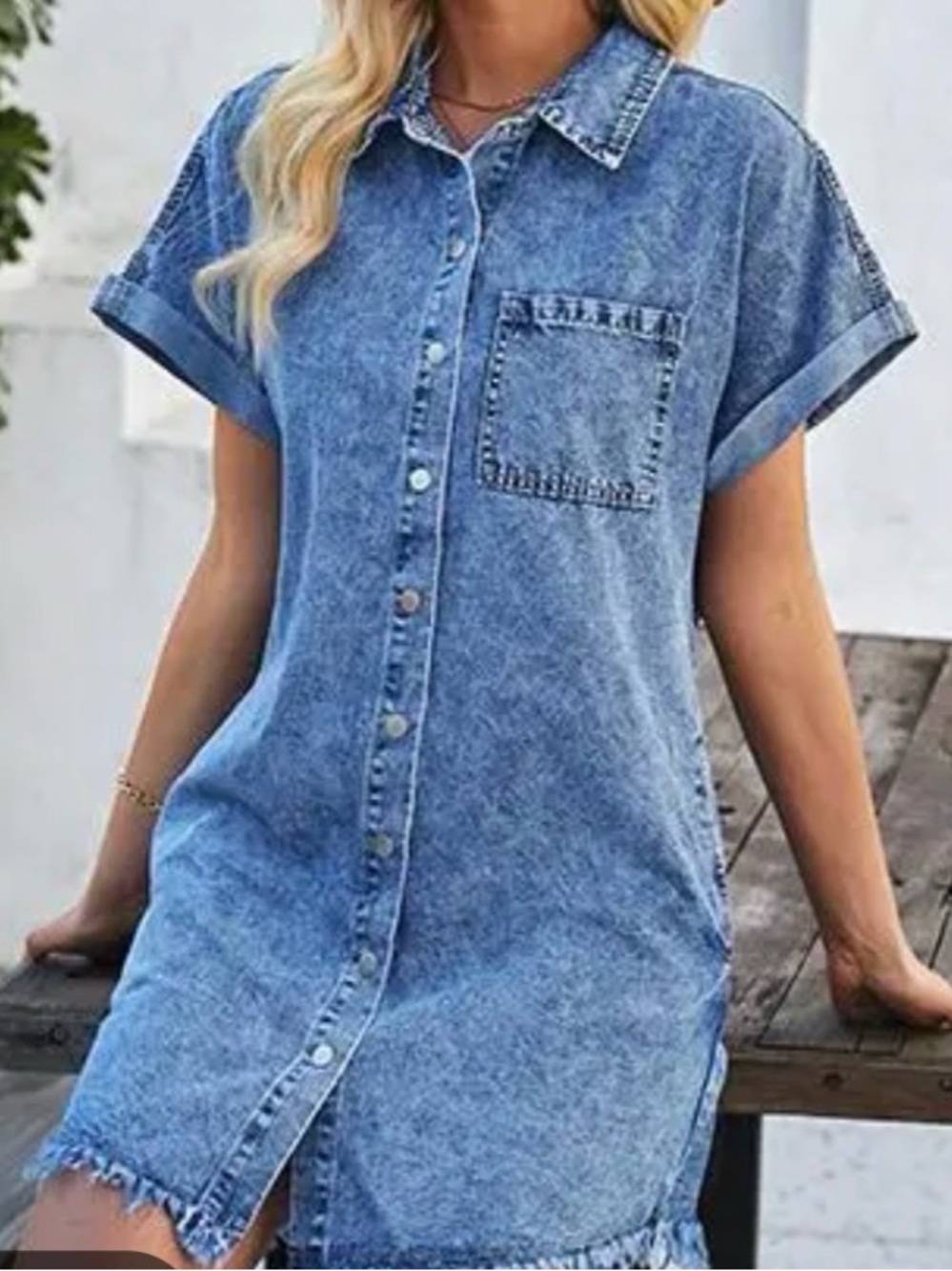 Blue Denim Button-Front Shirt Dress - Casual Short Sleeve